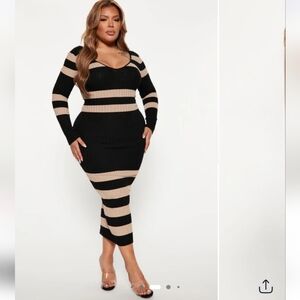 Fashion Nova Striped Knit Dress - Black and Tan